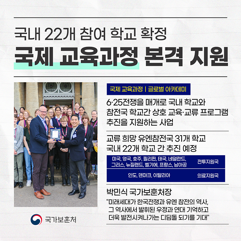 보훈처, 국내 22개교와 유엔참전국 학교 교류 본격 지원